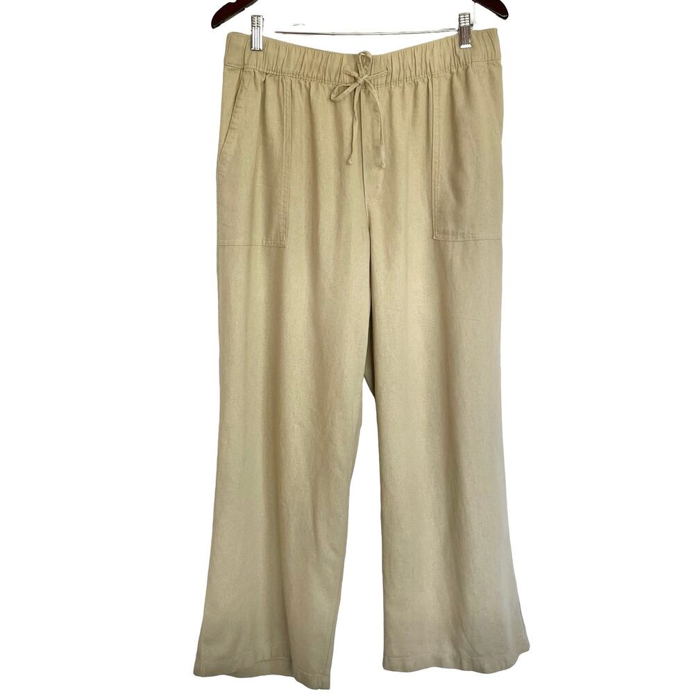 Gap Wide Leg Linen Blend Pants Size L Pull On Tan Elastic Waist Pockets